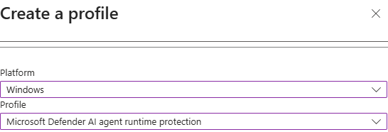 Intune Create a profile blade with the Microsoft Defender AI agent runtime protection profile selected
