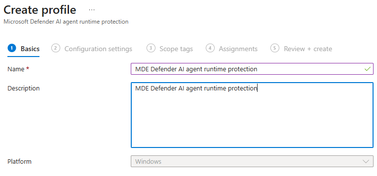 Create profile basics page showing the policy name and description fields