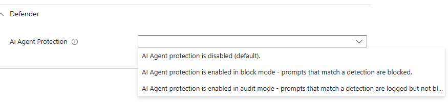 Ai Agent Protection dropdown showing the disabled, block and audit options