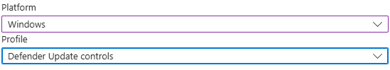 Intune Create a profile blade with Defender Update controls selected