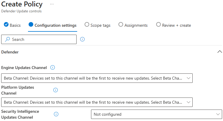 Defender Update controls configuration settings showing Engine, Platform and Security Intelligence update channels