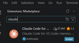 VS Code Extensions marketplace search results showing Claude Code for VS Code by Anthropic