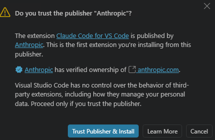 VS Code dialog asking whether you trust the publisher Anthropic