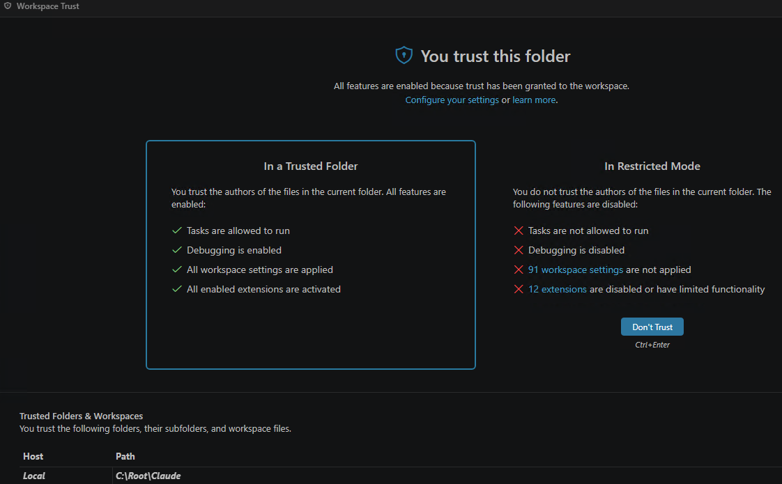VS Code Workspace Trust screen comparing trusted folder and restricted mode