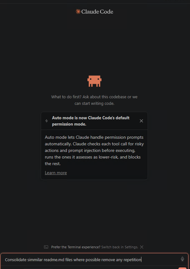 Claude Code panel showing the Auto mode permission notice