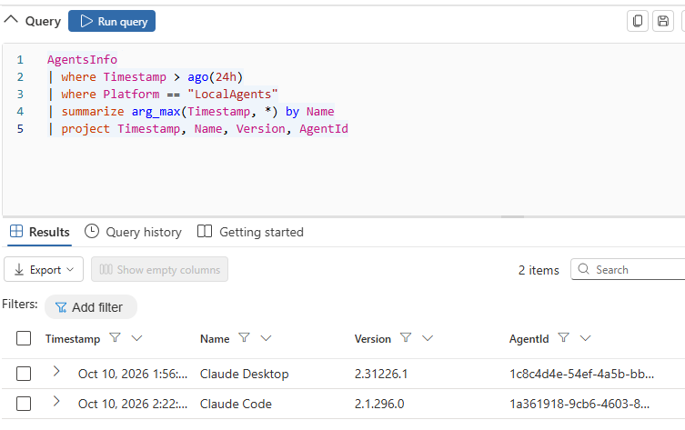 Advanced hunting results showing the AgentsInfo query returning two discovered Claude agents