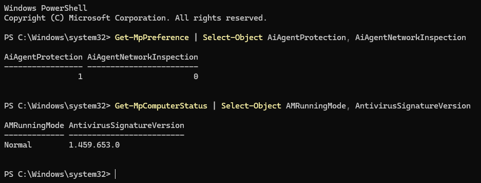 PowerShell output showing Get-MpPreference and Get-MpComputerStatus verification results