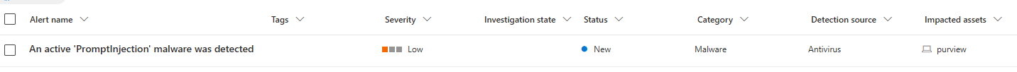 Microsoft Defender alert titled An active PromptInjection malware was detected