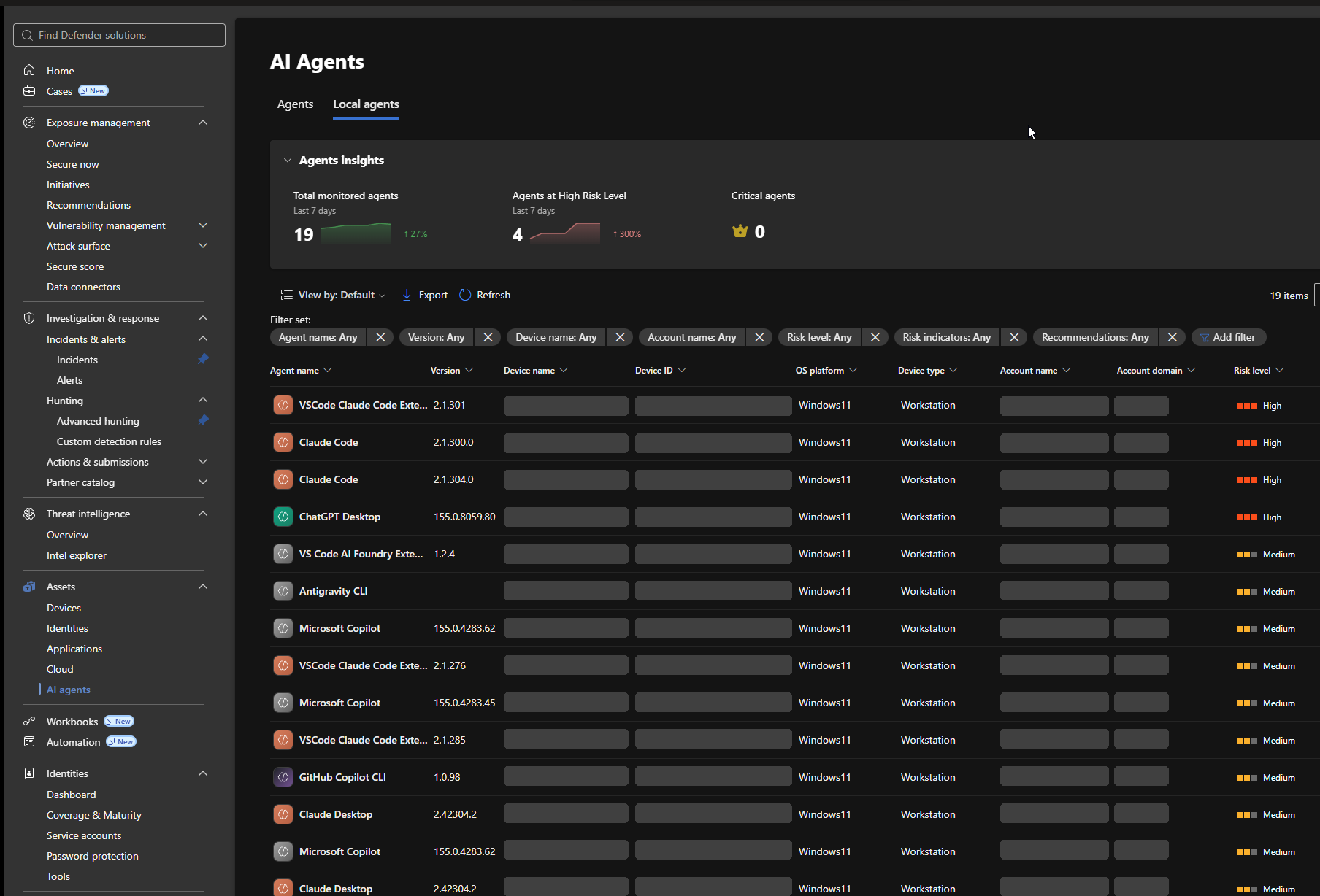 The Local agents tab in the Microsoft Defender portal, showing discovered AI agents with device and account columns redacted