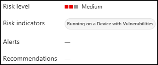 Defender agent flyout showing a Medium risk level with two risk indicators