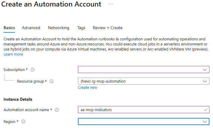 Create an Automation Account - Basics tab
