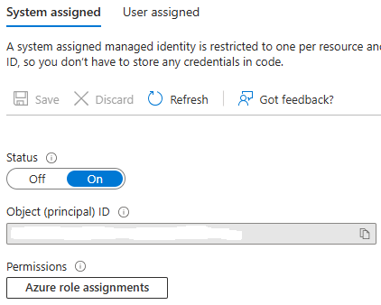 Automation account Identity blade with System assigned status On