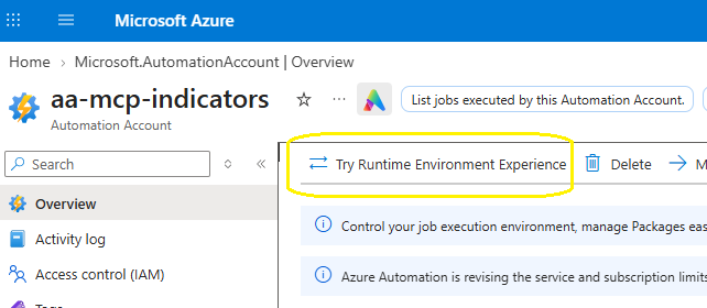 Automation account overview with Try Runtime Environment Experience highlighted