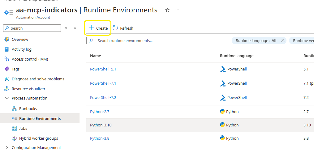 Runtime Environments list showing system-generated environments up to PowerShell 7.2