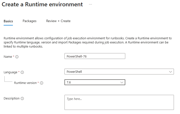 Create a Runtime environment named PowerShell-76 with runtime version 7.6