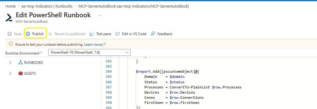 Runbook editor with PowerShell-76 runtime environment selected and Publish highlighted