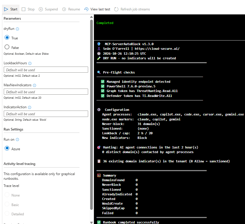 Test pane output for MCP-ServerAutoBlock v1.3.0 dry run with all pre-flight checks passed