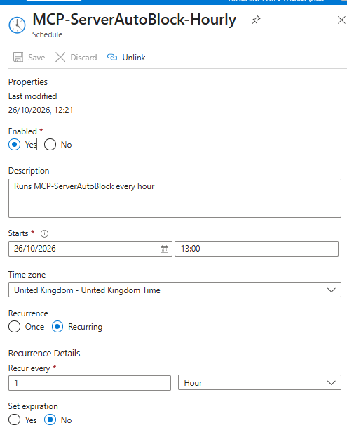 Schedule properties - recurring every 1 hour, no expiration