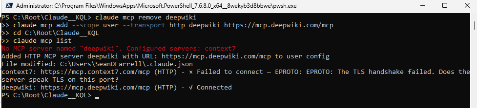claude mcp list showing context7 failing with a TLS handshake error and deepwiki connected