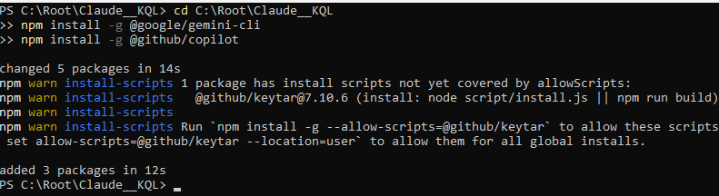 npm installing Gemini CLI and GitHub Copilot CLI