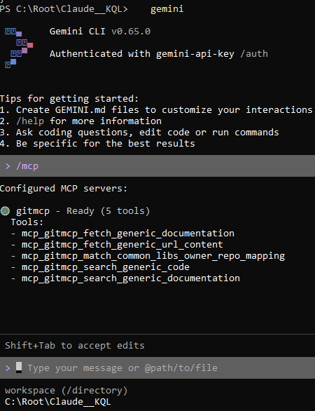 Gemini CLI /mcp showing gitmcp ready with 5 tools