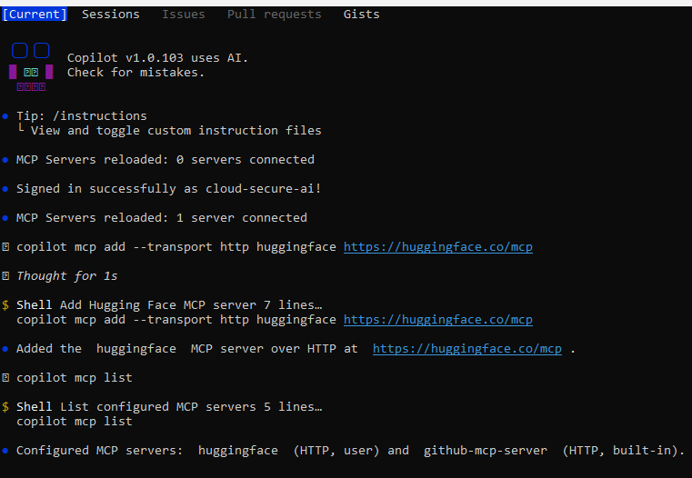 Copilot CLI signed in, adding the huggingface MCP server and listing servers
