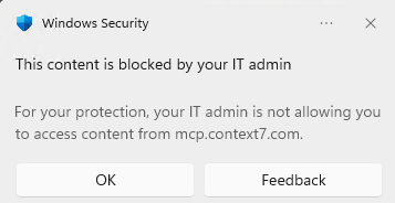 Windows Security notification - This content is blocked by your IT admin - mcp.context7.com