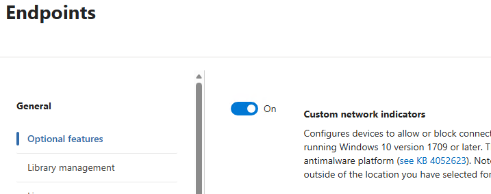 Custom network indicators switched on in Defender optional features