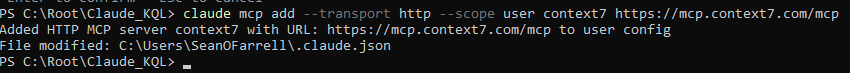 Registering Context7 as a remote HTTP MCP server in Claude Code at user scope
