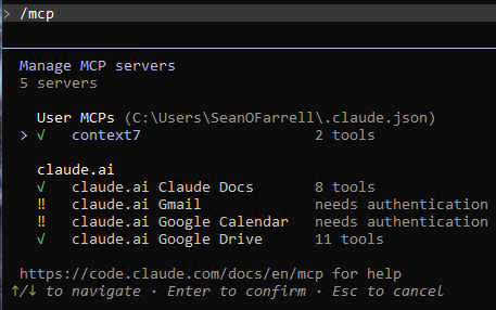 The /mcp command in Claude Code showing Context7 connected
