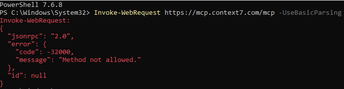 PowerShell reaching Context7 and receiving a JSON reply