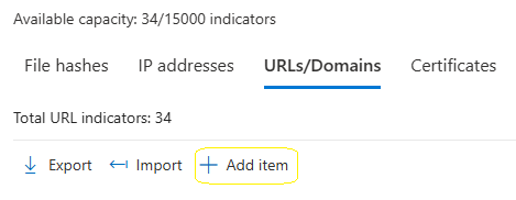 Defender Indicators page with the URLs/Domains tab and Add item