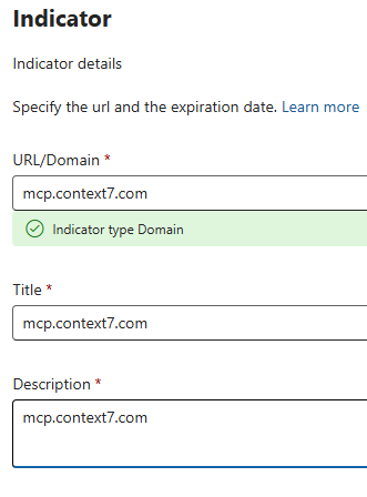 Indicator page with mcp.context7.com recognised as indicator type Domain