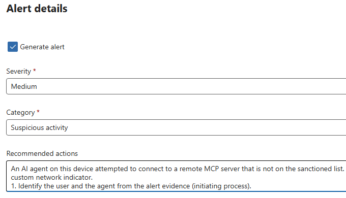 Indicator alert details: Generate alert, Medium severity, Suspicious activity, recommended actions