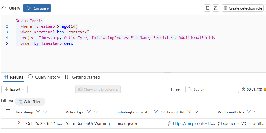 Advanced hunting showing Edge blocked by SmartScreen with Experience CustomBlockList
