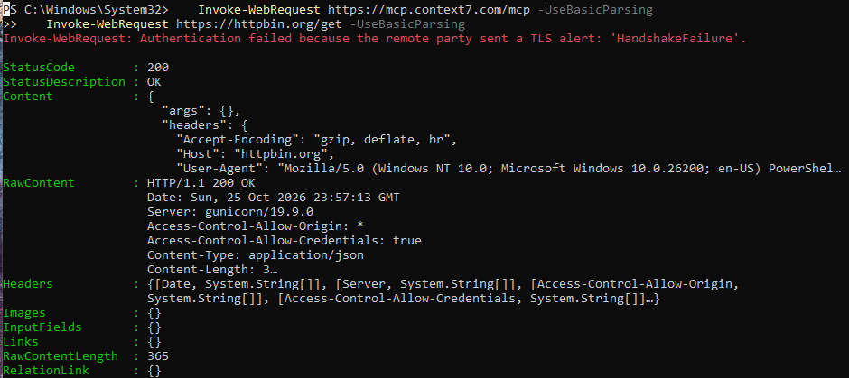 After a restart, PowerShell fails to reach Context7 with a TLS handshake failure while httpbin.org is still reachable
