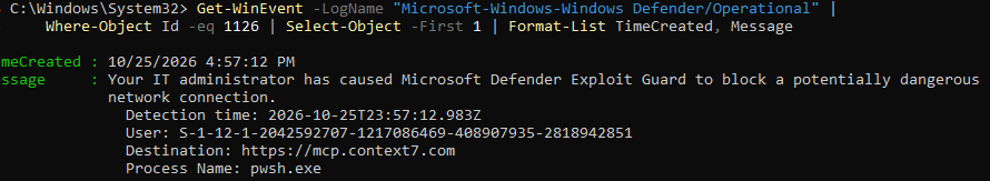 Event 1126 showing network protection blocked pwsh.exe from reaching mcp.context7.com