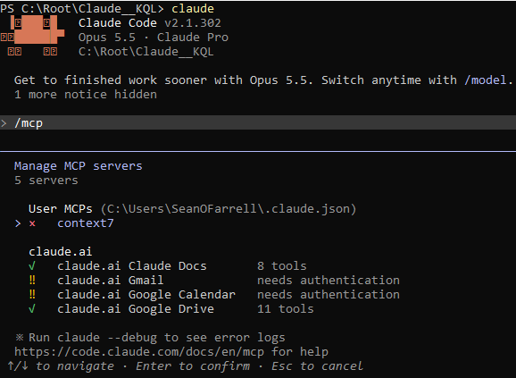 The /mcp command in a fresh Claude Code session showing Context7 failed