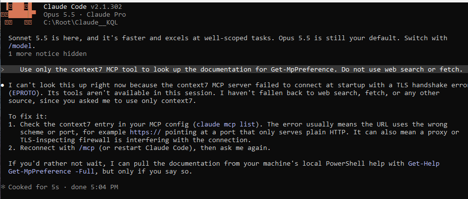 Claude reporting a TLS handshake error and suggesting a URL, proxy or firewall fault