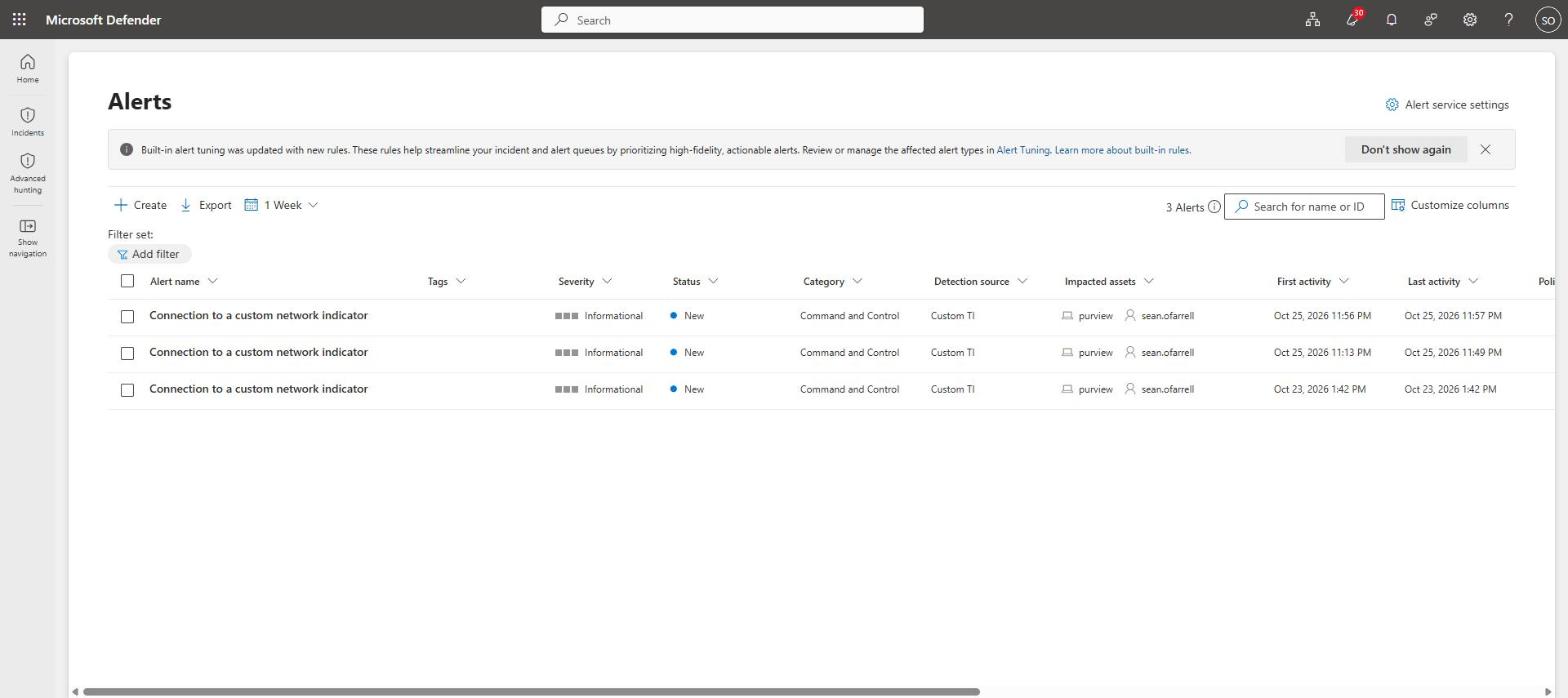Alerts queue showing Connection to a custom network indicator alerts