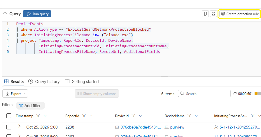 The detection rule query returning claude.exe blocks, with Create detection rule highlighted