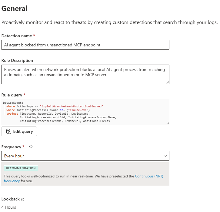 Detection rule General page: name, description, query and Every hour with a 4-hour lookback