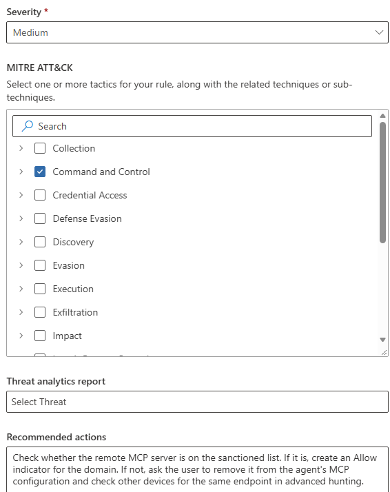 Detection rule severity Medium, MITRE ATT&CK Command and Control, and recommended actions