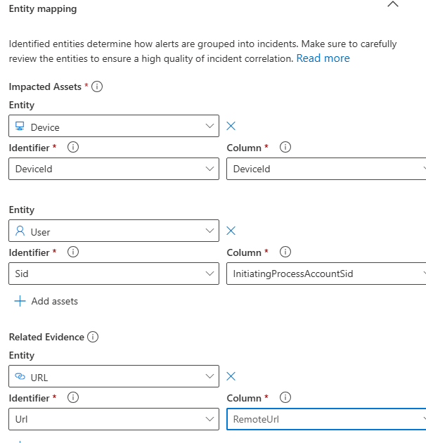 Detection rule entity mapping: Device to DeviceId, User to InitiatingProcessAccountSid, URL to RemoteUrl