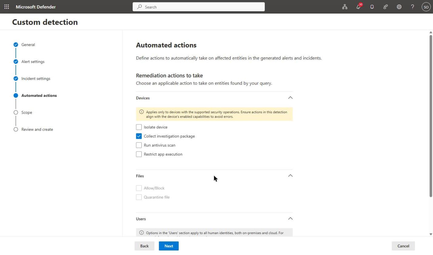 Detection rule automated actions: device actions available, file and user actions unavailable