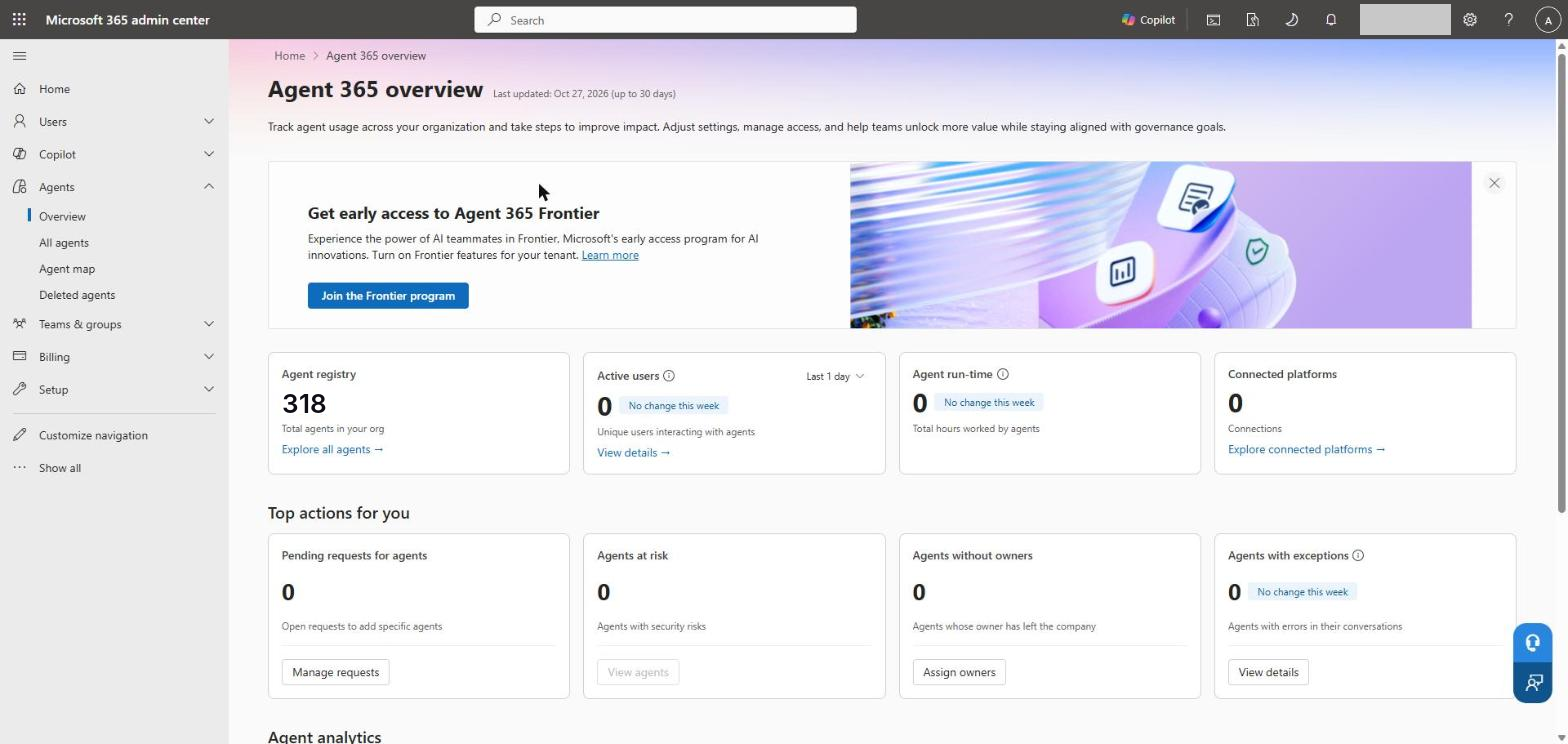 The Agent 365 overview - 318 agents in the registry, nothing pending approval