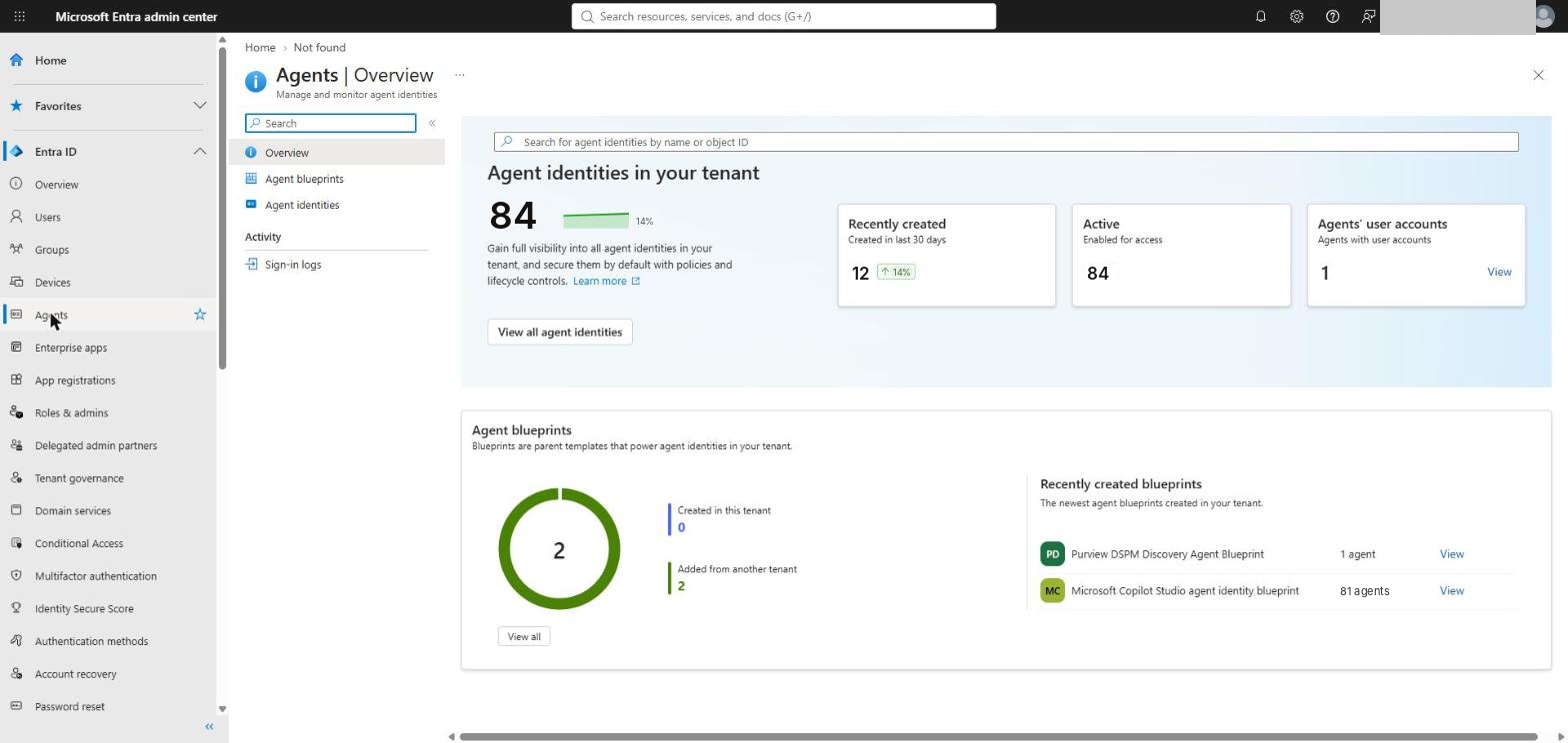 The same tenant in Entra - only 84 agent identities, from 2 blueprints