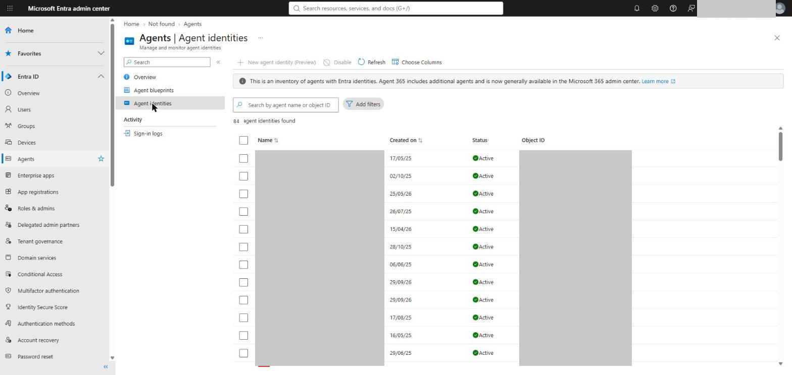 Entra > Agents > Agent identities - note the banner pointing to Agent 365 for the other agents