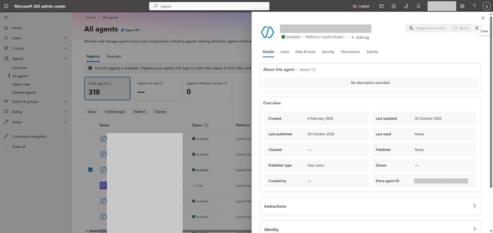 Agent details - owner, publisher, last used, and the Entra agent ID