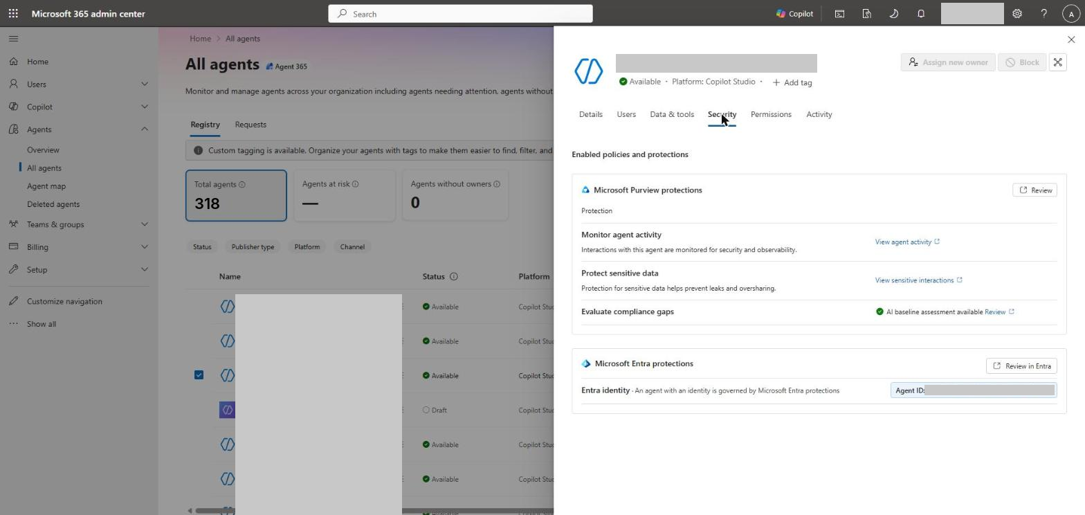 Security tab - Purview and Entra protections for one agent